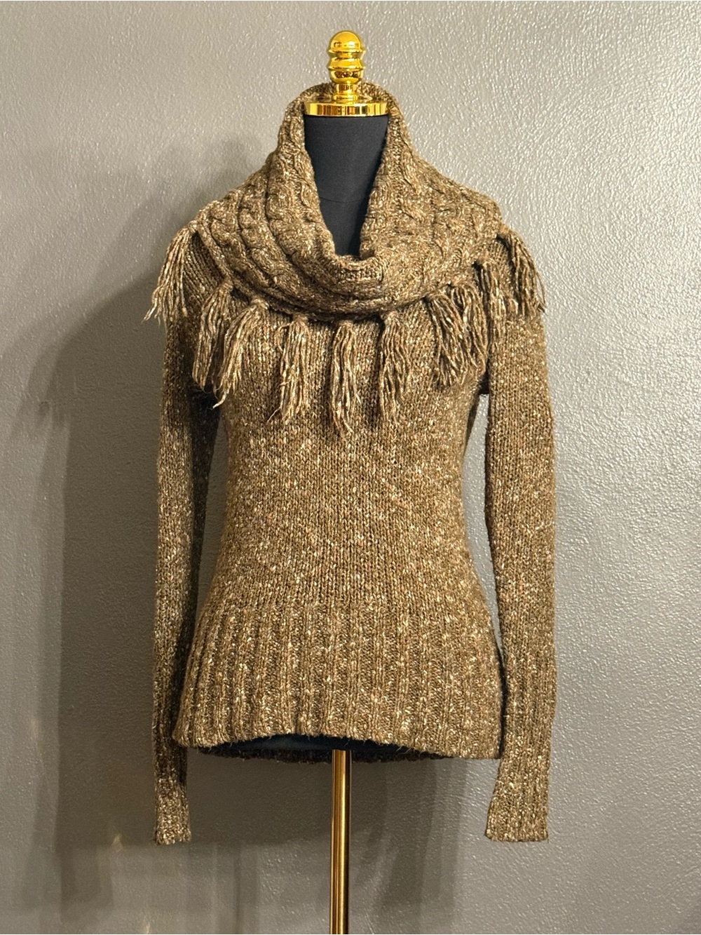 Kensie Brown Cable Knit Fringe Cowl Sweater